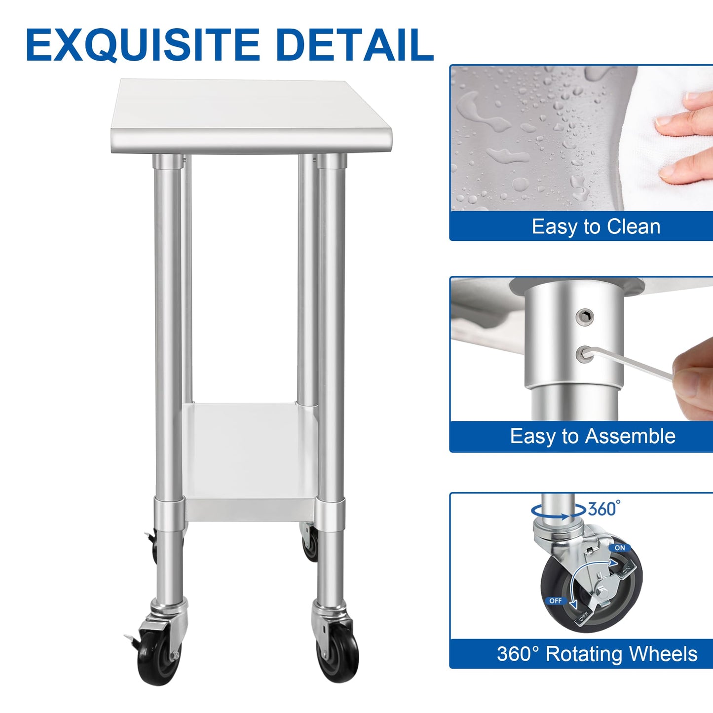 HARDURA Stainless Steel Commercial Table Prep & Work Table with Casters Heavy Duty Metal Table with Wheels NSF 430 30×12 Inches
