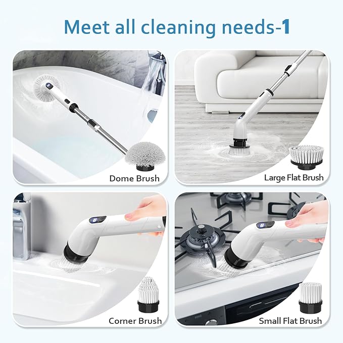 TUYU Electric Spin Scrubber, Full-Body IPX7 Waterproof Bathroom Scrubber with Power LCD Display, 8 Replacement Head, Adjustable Extension Handle, Cordless Shower Cleaner Brush for Bathtub Cleaning