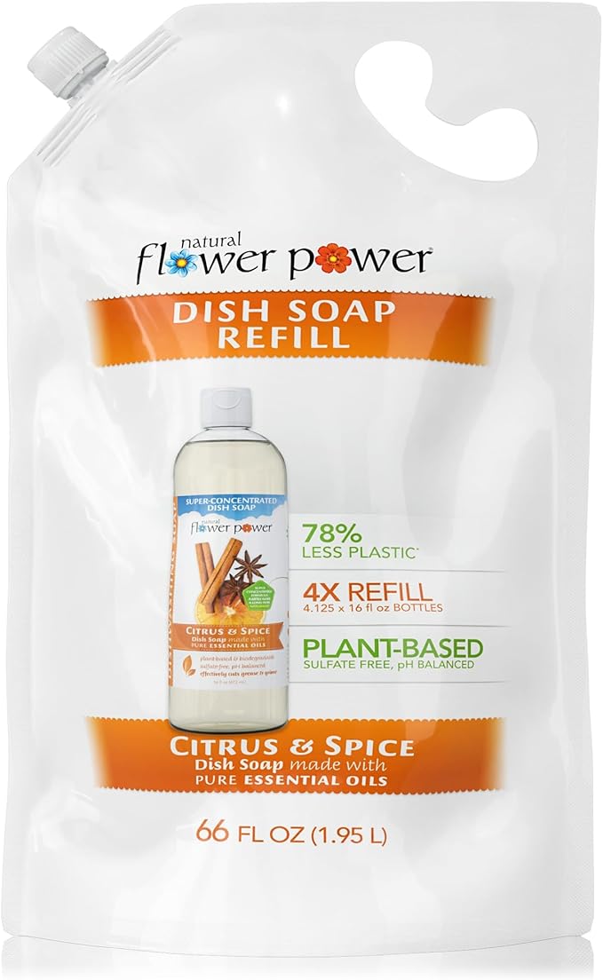 Natural Flower Power Liquid Dish Soap Refill – 66 Fl Oz Refills 4X – Plant-Based & Scented w/Pure Essential Oils – Natural Dishwashing Detergent – Sulfate-Free Kitchen Soap (Citrus & Spice)