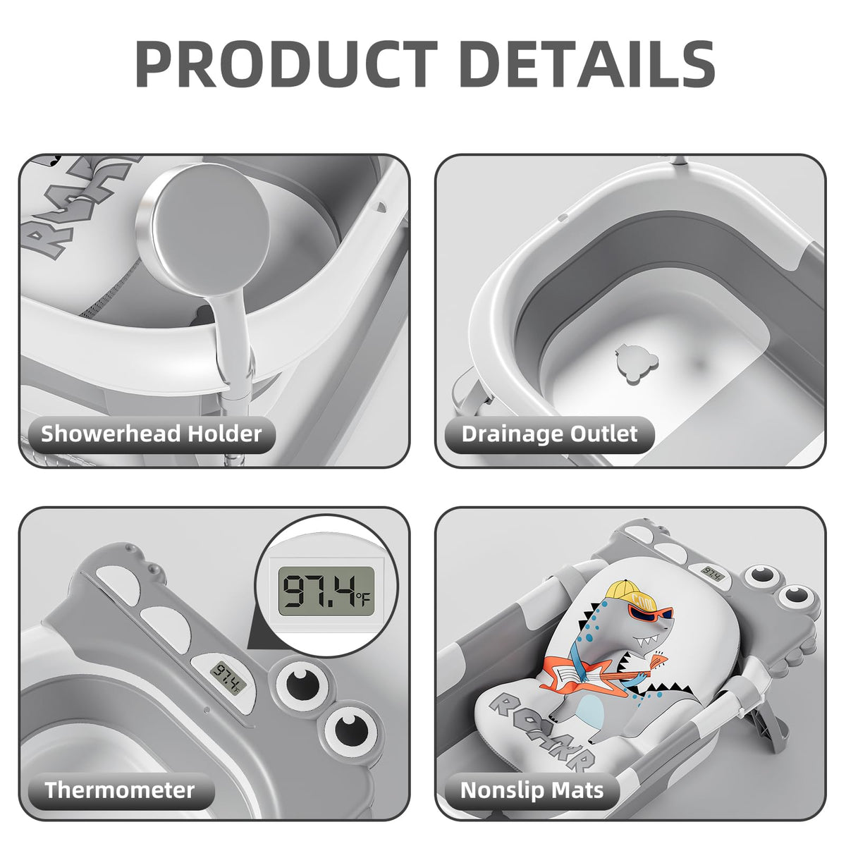 Collapsible Baby Bathtub for Newborn, Foldable Baby Bath Tub with Thermometer & Soft Floating Cushion & Drain Hole, Portable Travel Infant Bath Tubs for Newborns to Toddlers 0-36 Months Boys, Grey