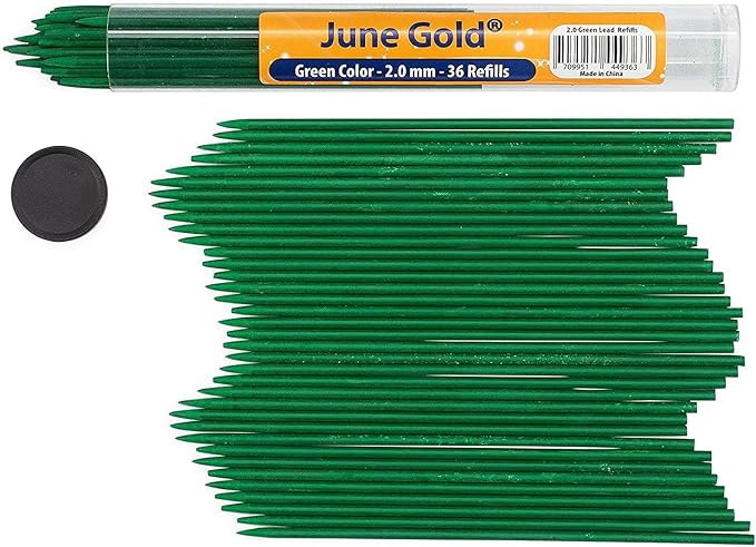 June Gold 36 Green (Emerald #104) Colored 2.0 mm Lead Refills, Bold Thickness for Heavy Use, Break Resistant with a Convenient Dispenser