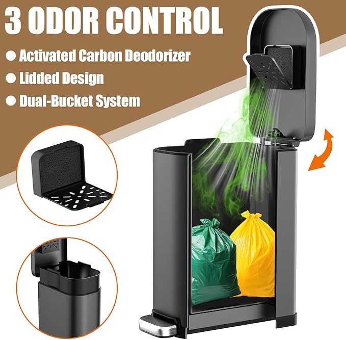 Dog Poop Trash Can Outside with Odor Control Lid & Step Pedal, 3.2Gal Stainless Steel Outdoor Trash Can, Waterproof Dog Waste Container - Includes 3 Carbon Filters & Bin Bag Holder