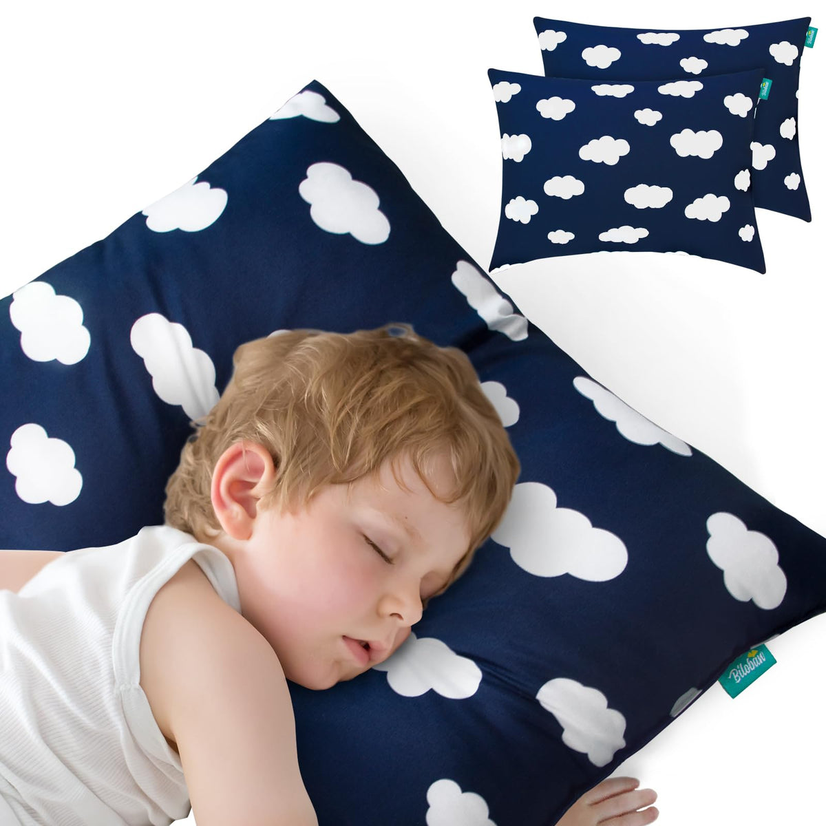 Toddler Pillow for Sleeping, Kid Pillow 14" x 19" for Small Travel Bed, Nap Pillows, Soft & Skin-Friendly Small Pillows for Sleeping, Toddler Use Only, Age 2 to 5 (Navy Cloud)