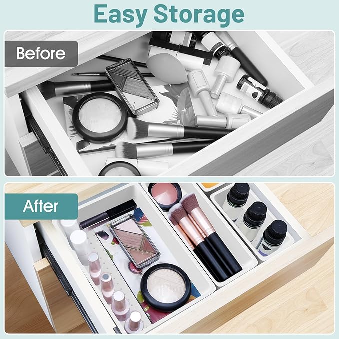 WOWBOX 25 PCS Plastic Drawer Organizer Set, 4 Sizes Desk Drawer Divider Organizers and Storage Bins for Makeup, Jewelry, Gadgets for Kitchen, Bedroom, Bathroom, Office, White