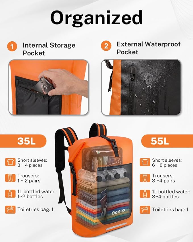 Gonex Ultralight Waterproof TPU Backpack, 55L Roll Top Dry Bag with Comfortable Padded Back Panel for Kayaking Boating Camping Fishing Travel,Orange