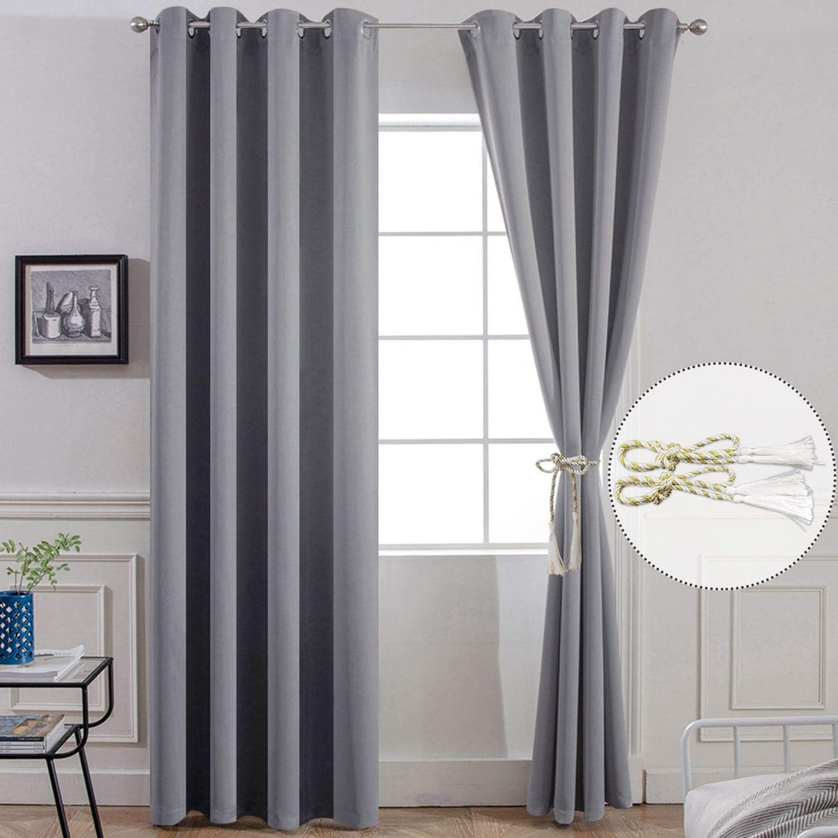 Yakamok Room Darkening Gray Blackout Curtains, Light Blocking Thermal Insulated Grommet Drapes for Bedroom Living Room, 52W x 84L, Grey Curtains, 2 Panels, 2 Tie Backs Included