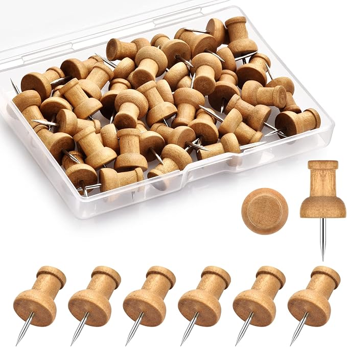 40Pcs Wood Push Pins, Thumb Tacks for Decorative, Wooden Pins and Tacks, Cork Board Thumbtacks, Cute Thumbtack for Wall and Bulletin Board, Map Pins