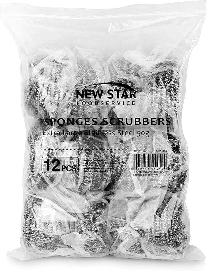 New Star Foodservice 54460 Extra Large (50 Grams) Stainless Steel Sponges Scrubbers, Set of 12