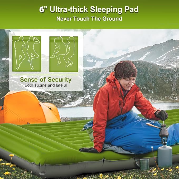 FNARMW Double Sleeping Pad Camping, Self Inflating 6'' Extra-Thick 2 Person Pillow Built-in Foot Pump Waterproof Inflatable Sleeping Mat Backpacking, Tent, Hiking, Portable Camping Pad (Yellow Grey)
