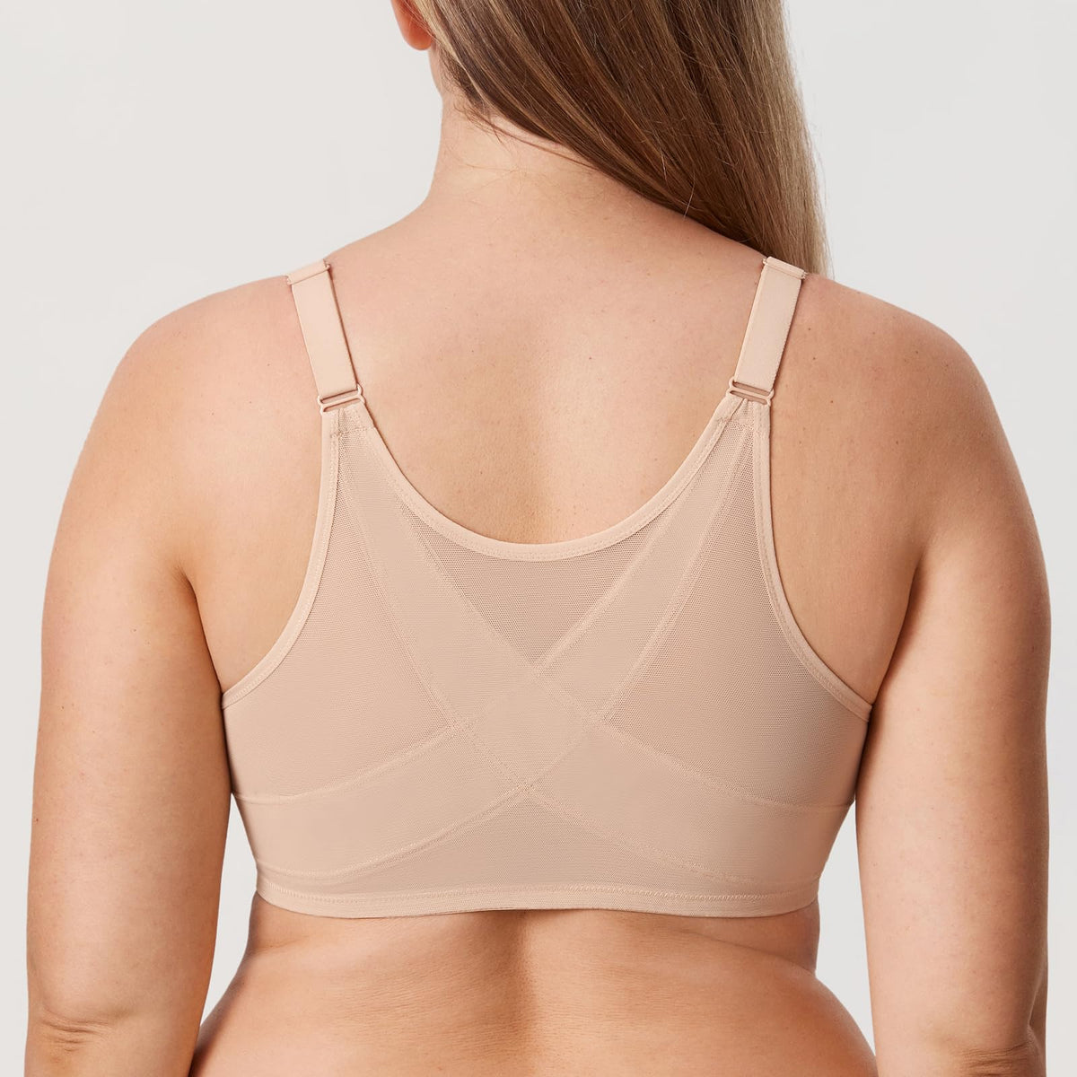 DELIMIRA Women's Front Closure Bras Posture Full Coverage Plus Size Lace Underwire Unlined Bra Beige 40DD