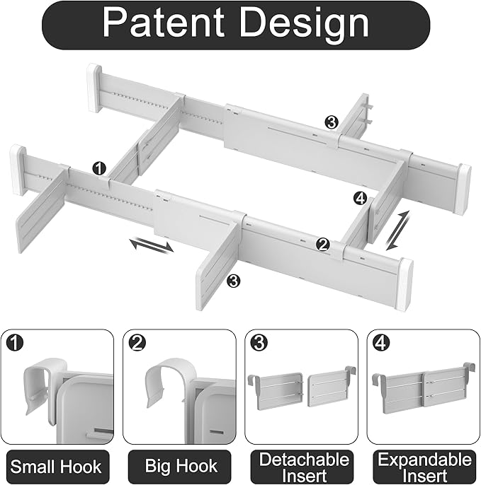 HiYZ Expandable Drawer Dividers with Inserts - Adjustable Drawer Organizers Separators for Kitchen, Bedroom, Dresser, Office, 8 Long Dividers(12.6-22.8 IN) with 16 Inserts(3.9-7.1 IN) - Gray