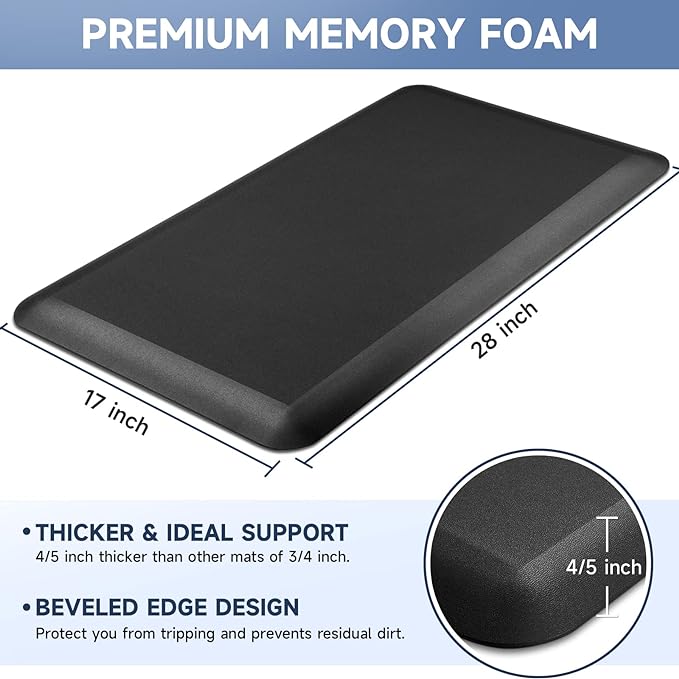 4/5 Inch Thick Kitchen Mats for Floor, StepRite Kitchen Rug for Standing Desk, Non-Slip, Thicker, Stain Resistant, Water Resistant, Comfort Anti Fatigue Floor Mat for Home, Kitchen, Office - Black