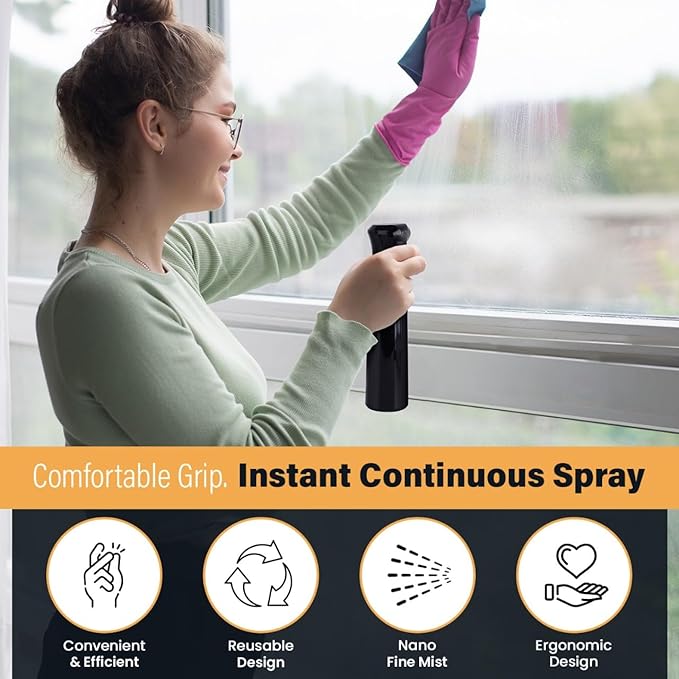 VIGOR PATH Continuous Spray Bottle with Ultra Fine Mist - Versatile Water Sprayer for Hair, Home Cleaning, Salons, Plants, Aromatherapy, and More - Empty Hair Spray Bottle - 300ml/10.1oz (Black)