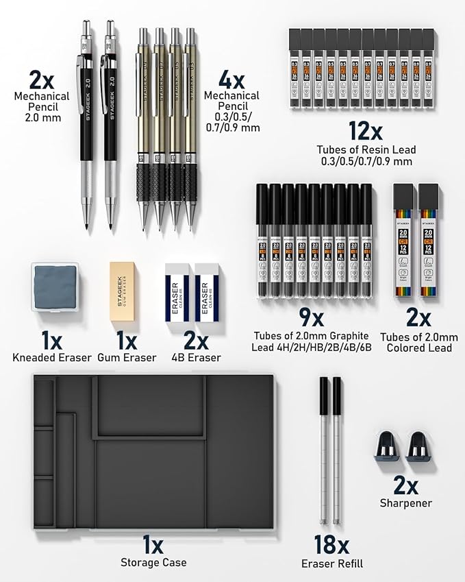 37PCS Art Mechanical Pencil Set, Drafting Pencil 5 Sizes- 0.3, 0.5, 0.7, 0.9MM & 2PCS 2.0MM Mechanical Drawing Pencils with 492PCS Leads (6B 4B 2B HB 2H 4H Color) for Artist Sketching Drawing