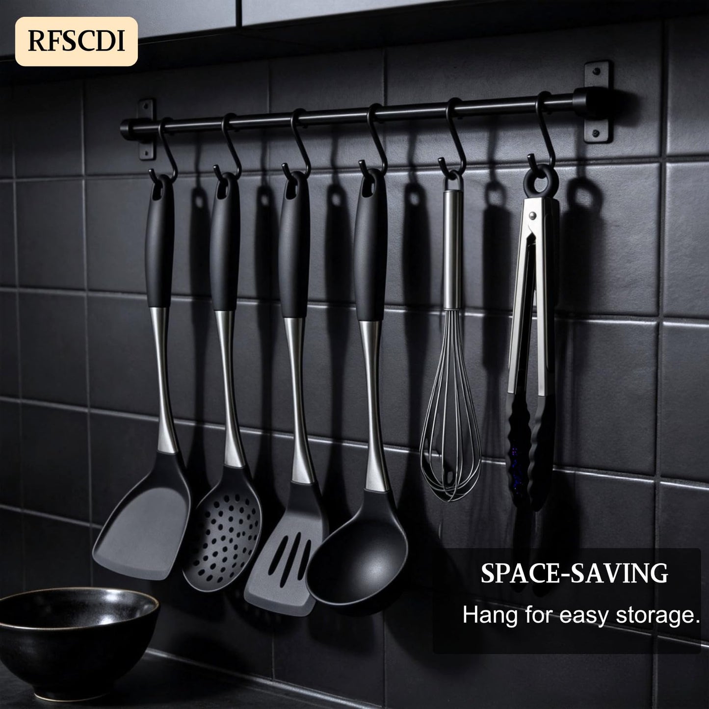 Premium Black Silicone Cooking Utensils Set - Non-Toxic, Heat Resistant& Non-Stick Kitchen Utensils Set with Spatula, Spoon, Whisk, Tongs, BPA Free, Dishwasher Safe, Black