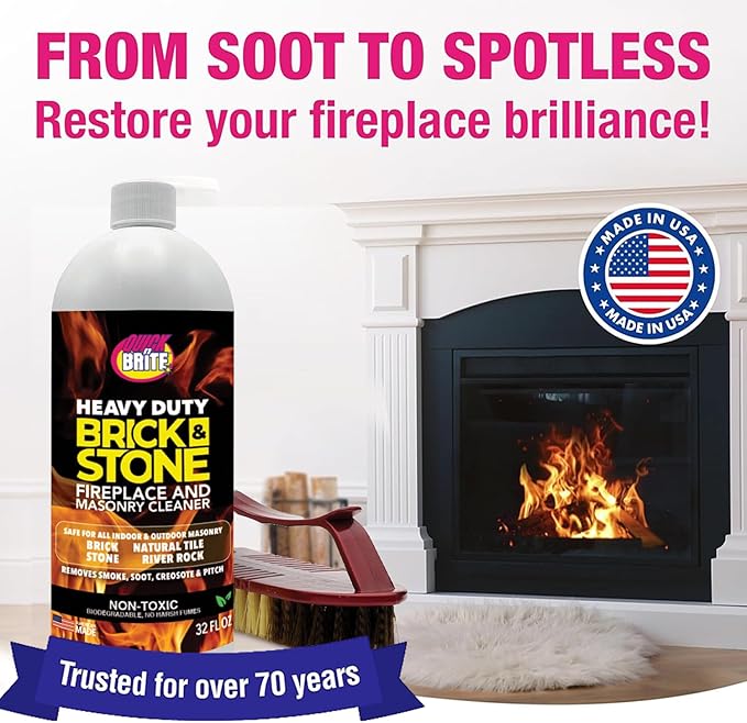 Quick'n Brite Fireplace Brick and Stone Cleaner 32oz with Scrub Brush - Natural Stone, Tile, and Marble Cleaner - Indoor Fireplace and Wood Stove Cleaning Kit - Pellet Stove Creosote Remover