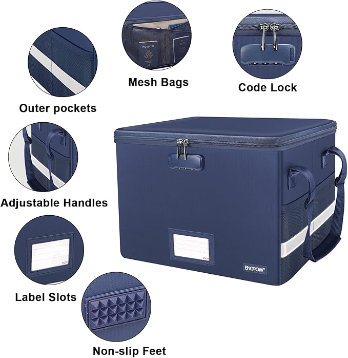 ENGPOW File Box with Lock, Fireproof Document Box with Zipper＆Pockets, Collapsible File Organizer Filing Storage Cabinet with Handle, Portable Home Office Safe for Hanging Letter/Legal Folder, Blue