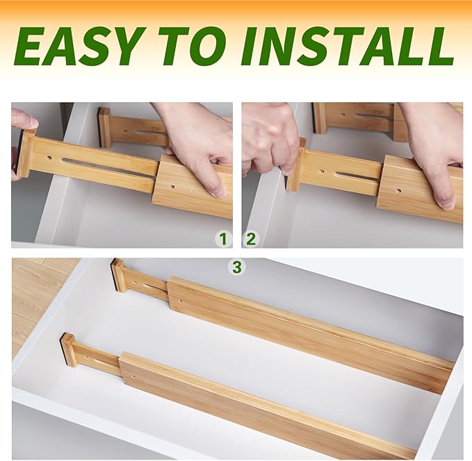 6 pcs Large Bamboo Drawer Dividers, Expandable 17"-22" Wooden Organizers for Kitchen, Office, Dresser, Bedroom, Clothes