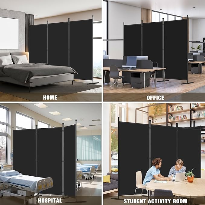 AKTOP 3-Panel Room Divider, Freestanding Wall Divider for Room Separation, Folding Privacy Partition Screen 70''W x 102''H, Portable Room Divider Panel Privacy Screen for Dorm Studio Office, Black