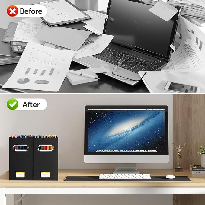 BALEINE File Organizer Box, Cardboard File Folder Organizer with Handle for Letter Size, Portable Collapsible Hanging Filing Box for Home Office Document Storage (4 Pack, Black)