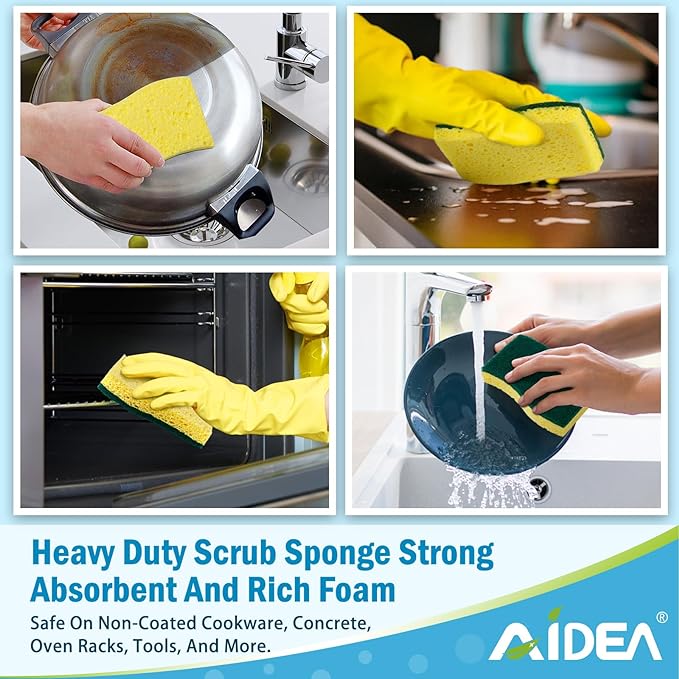 AIDEA Sponges Kitchen, Heavy Duty Scrub Sponge-24Count, Sponges for Dishes, Cellulose Dish Sponge, Scrubbing Power for Tough Messes, Cleaning Power for Non-Coated Cookware, Dishes, Pots, Pans