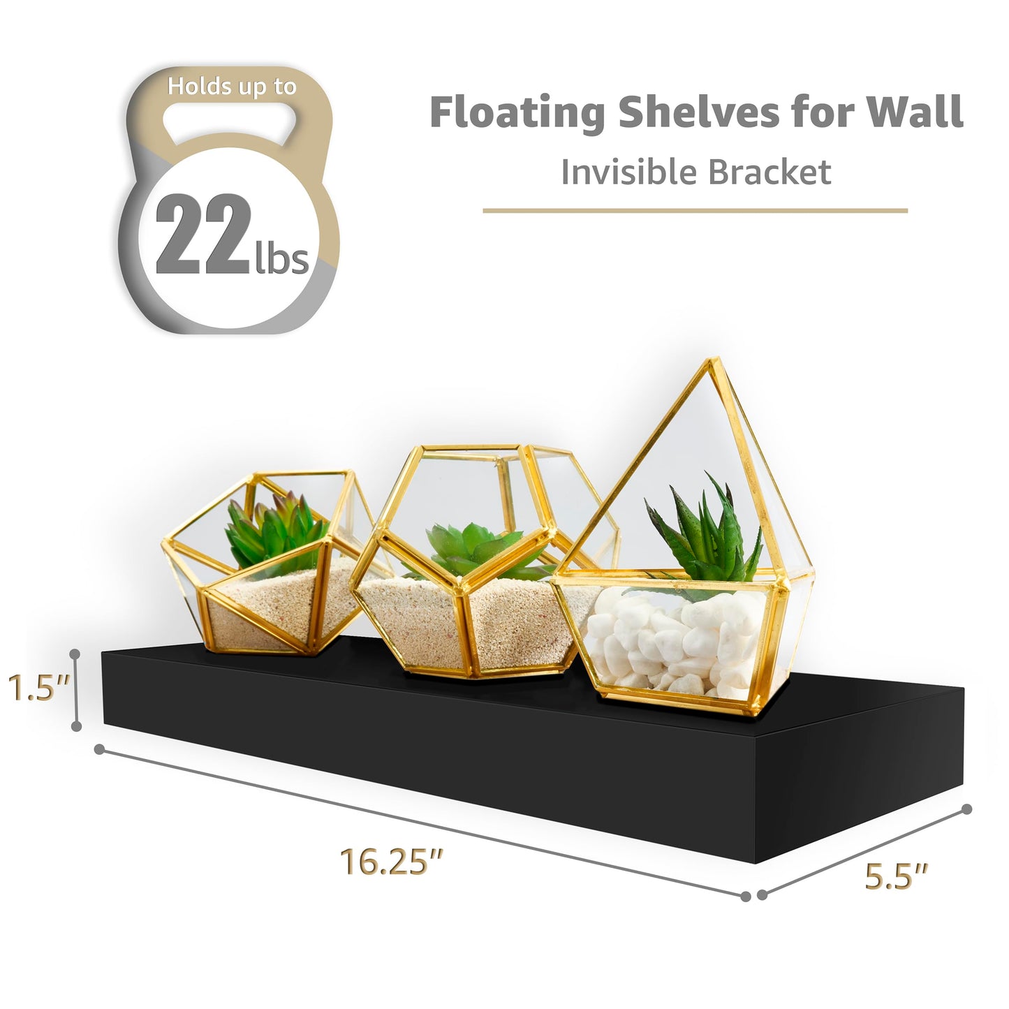 Sorbus Floating Shelves for Wall – 16 Inch Floating Shelf for Kitchen, Bedroom, Living Room, Bathroom, Home & Wall Decor - Mounted Bathroom Shelves with Invisible Brackets (Black, 3 Pack)