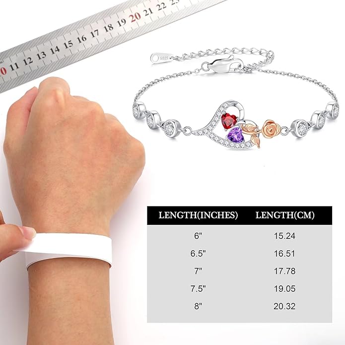 Iefil Valentines Day Gifts for Her - 925 Sterling Silver Rose Heart Birthstone Bracelets, Anniversary Birthday Gifts for Women Wife Mom Daughter, 6"+2"