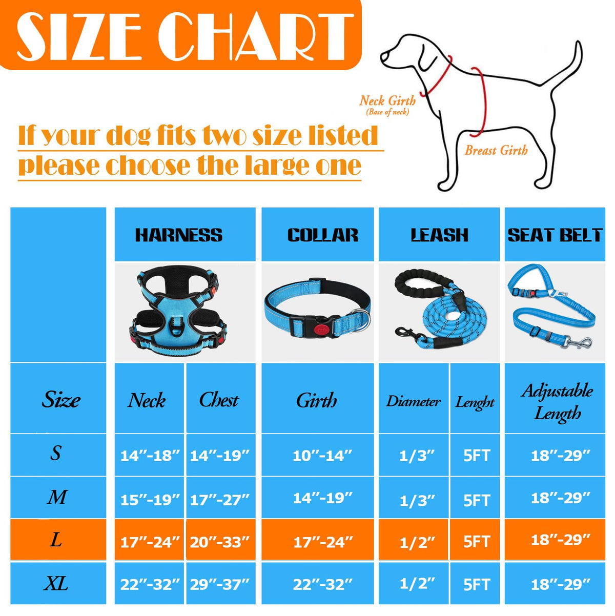 LOBEVE No Pull Dog Harness, Collar & Leash Set | Includes Dog Seat Belt, Collapsible Bowls & Poop Bag Dispenser. Ideal for Training, Walking, Hiking. Fits Small to Large Dogs(Blue-L)