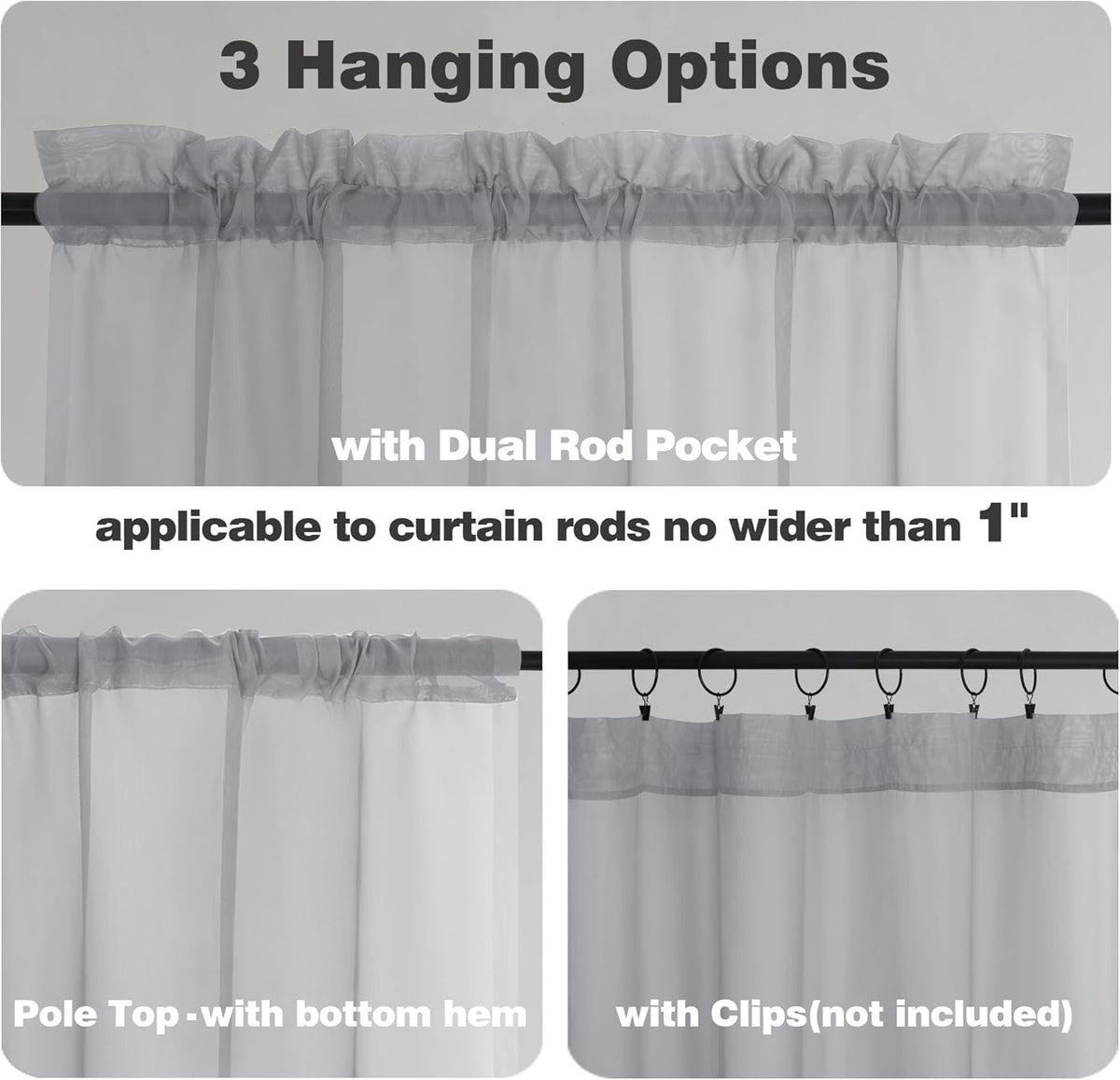 Chyhomenyc Light Grey Sheer Curtains 36 inch Length 2 Panels, Light Filtering Voile Rod Pocket Short Window Curtians for Bathroom Living Room Farmhouse Small Windows, 42Wx36L inches