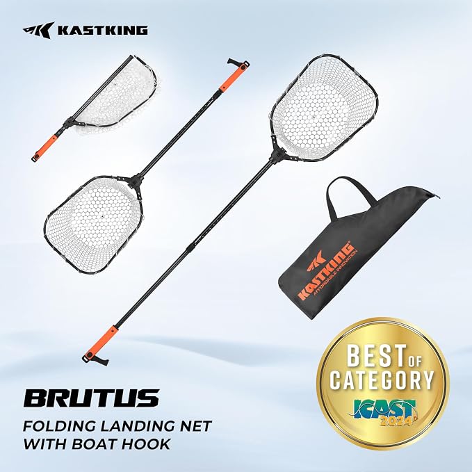 KastKing Brutus Folding Landing Net with Boat Hook, Foldable, Extendable, Lightweight & Strong, Multi-Functional Built-in Boat Hook, Non-Slip & Bright Orange TPR Handle, Two Nets Options