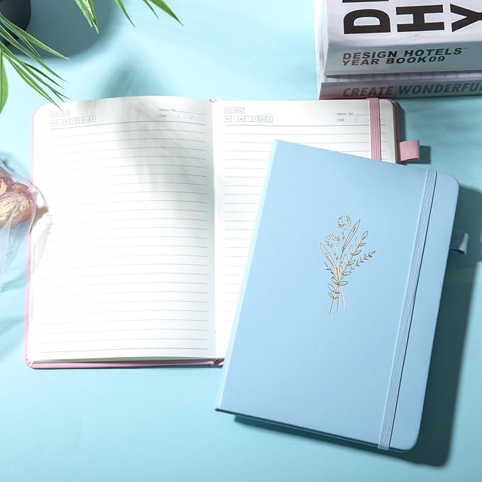 MINICAGIE 2 Pack Lined Journal Notebook for Women Cute Leather Journals for Writing Aesthetic Floral Diary 192 Pages A5 Hardcover Journaling Notebooks with Pen Loop, Blue, Pink