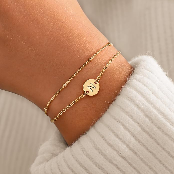 MONOZO Gold Bracelets for Women Girls Valentines Day Gifts, Dainty 18K Gold Plated Disc Monogram Letter A-Z Initial Bracelets for Women Trendy Personalized Letter Bracelet Valentines Day Gifts for Her