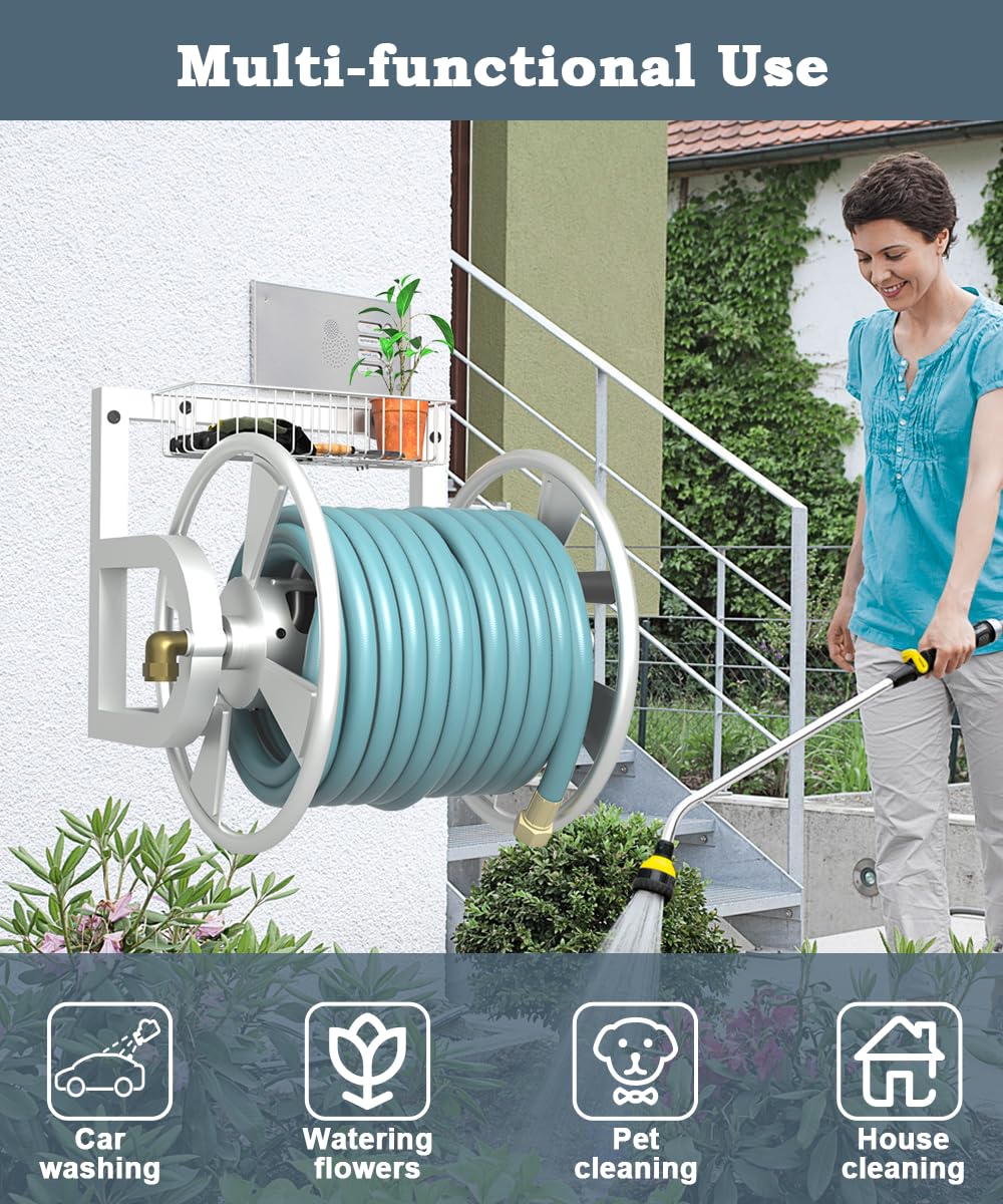 Artigarden Outdoor Garden Hose Reel Wall Mount, Heavy-Duty Water Hose Holder Winder with 3.9 ft Leader Hose, Brass Fitting and Storage Basket for Yard, Holds 125 Feet of 5/8-Inch Hose, White