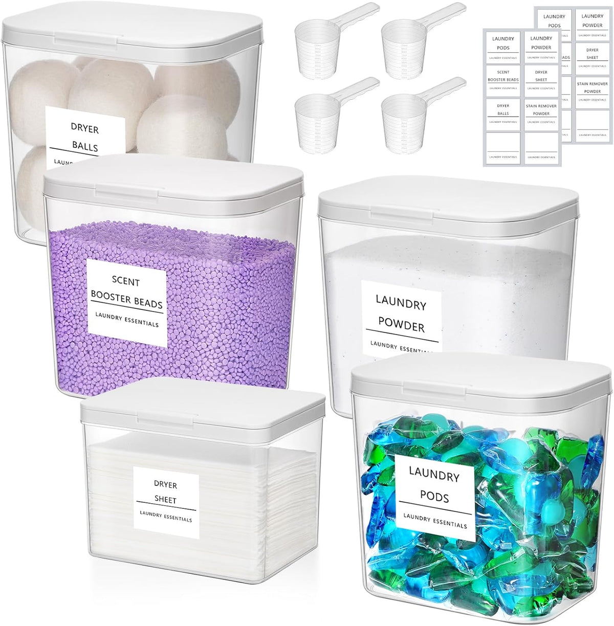 Lifewit 4+1 Laundry Pods Container & Dryer Sheet Holder, Large Powder Detergent Dispenser Storage Jars, Laundry Room Containers for Scent Booster Beads with Pop up Lids, Labels and Scoop