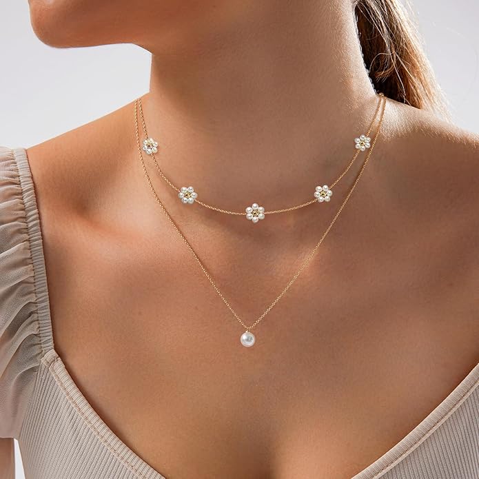 Zeffy Gold Pearl Necklace for Women, Dainty 14K Gold/Silve Plated Layered Pearl Choker Pearl Earrings Pearl Bracelets Wedding Trendy Gold Jewelry Set for Women Gifts