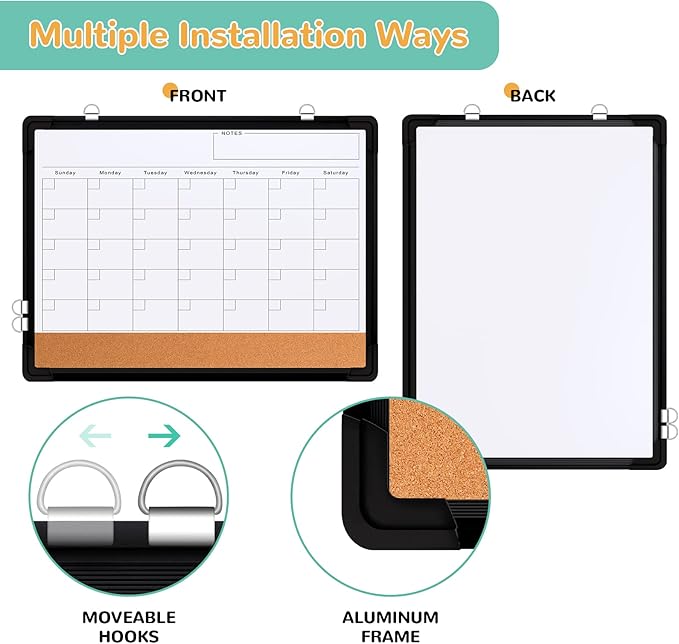 Monthly Calendar Whiteboard Dry Erase Cork Board Combination for Wall, 17x13 Magnetic Dry Erase Board, Double-Sided White Board, Portable Board for Office, Planning, Memo, School, Home (Black)
