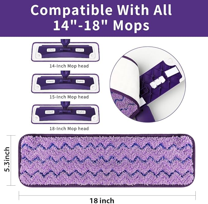 18 inch Mop Pads Refills, 3 Pack Microfiber Reusable Replacement Mop Pads Flat Replacements Heads for Wet Or Dry Floor Cleaning and Scrubbing, Blue & Purple Cloth