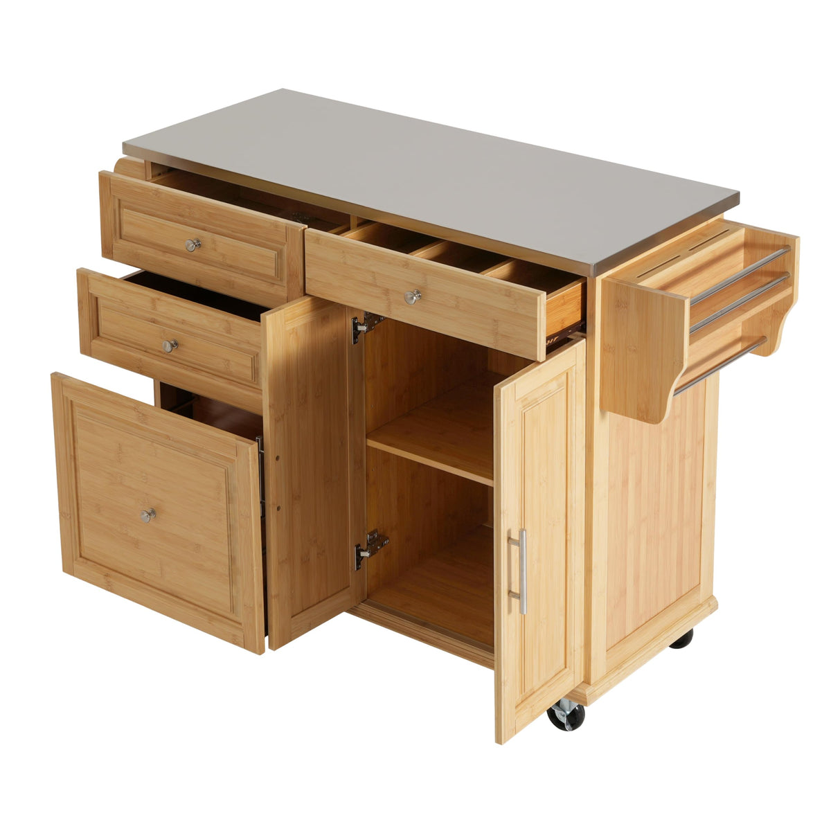 Merax Indoor Bamboo Rolling Kitchen Island with Stainless Steel Top – Mobile Cart with Drawers, Cabinet & Towel Rack for Dining & Bar
