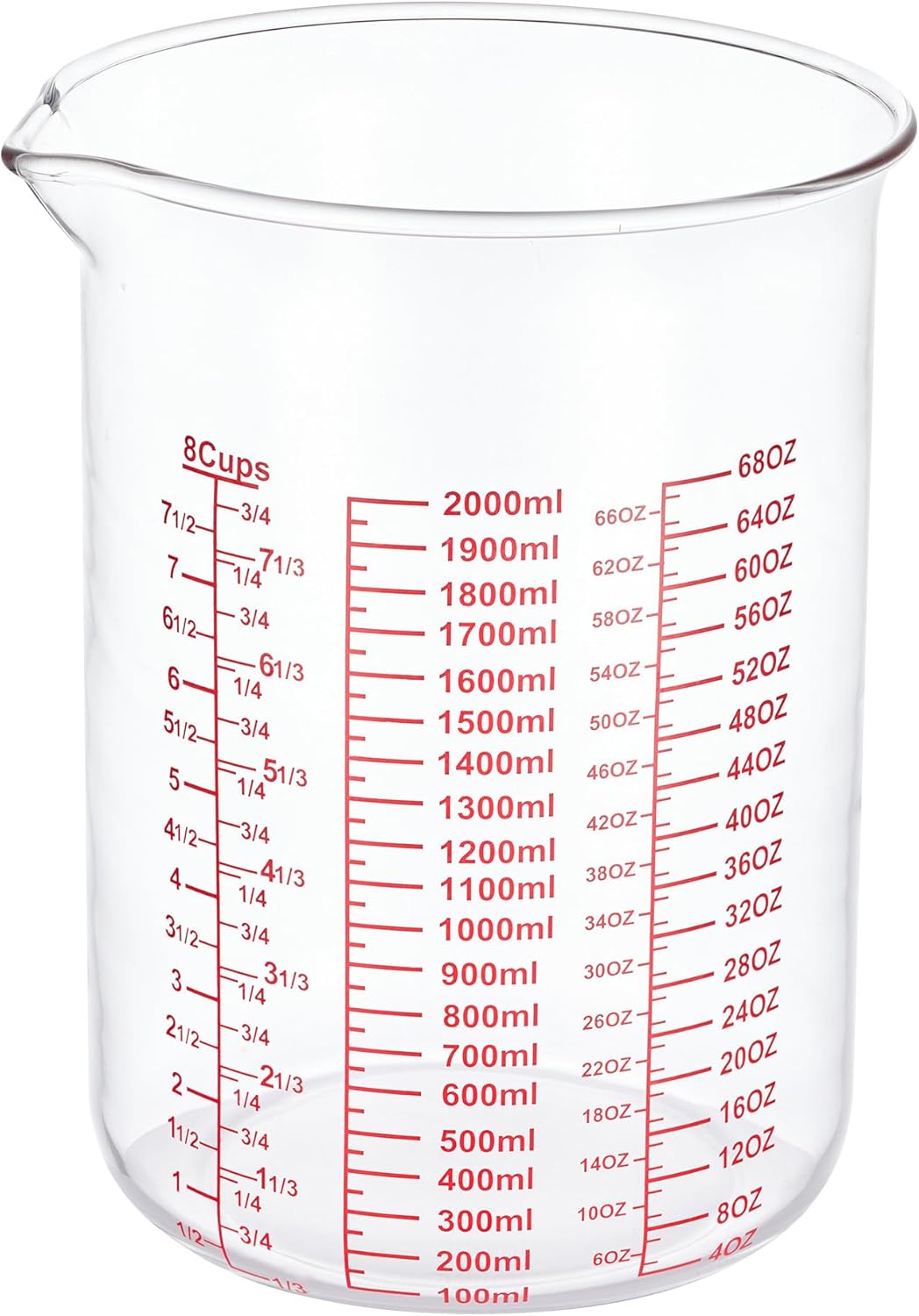 High Borosilicate Glass Measuring Cup-V-Shaped Spoutï¼Glass Measuring Beaker for Kitchen or Restaurant, Easy to Read, 2000 ML (64 Oz, 8Cup)