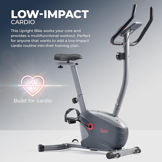 Sunny Health & Fitness Smart Stationary Exercise Upright Bike w/Pulse Sensor & 4-Way Adjustable Seat, Cycling Machine for Home Cardio Training, Free SunnyFit App Connection, Optional Resistance Band