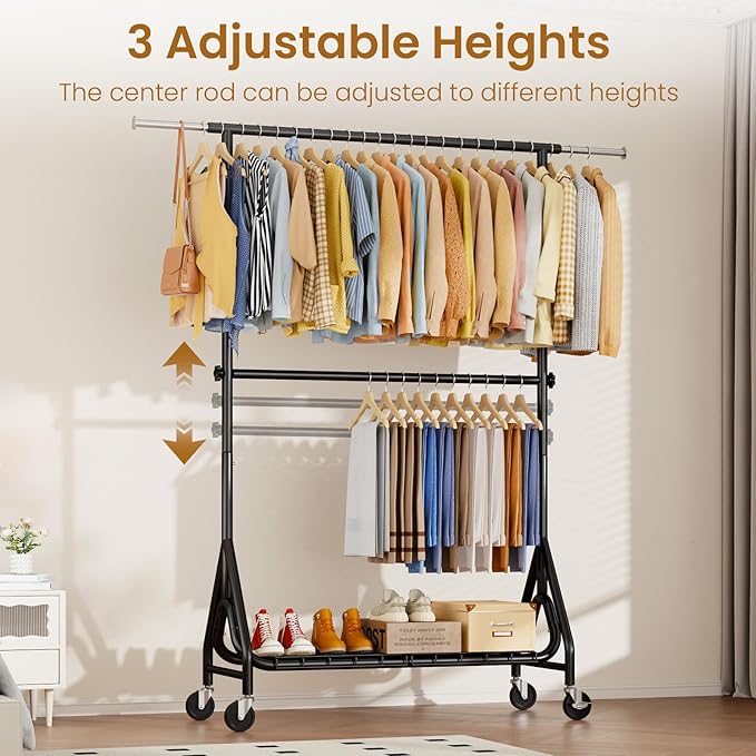 Heavy Duty Clothes Rack for Hanging Clothes, Double Rods Clothing Rack with Lockable Wheels, Rolling Garment Racks with Shelf, Easy to Assemble, Black