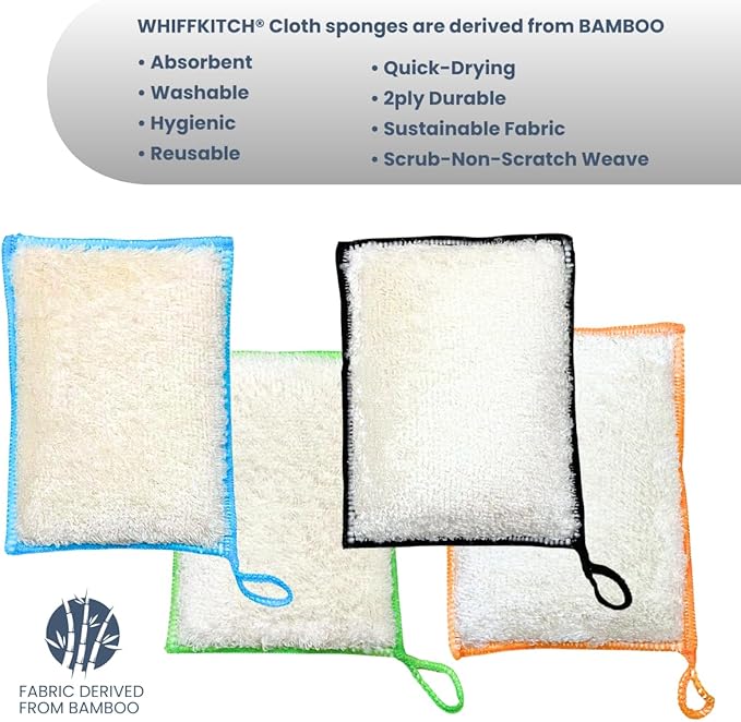 Whiffkitch Bamboo Fiber Kitchen Sponges – Washable Multicolor Non Scratch Dish Sponge Set for Sink, Dishes, and Countertops – Durable Household Cleaning Pads, Washable Dishwashing Scrubbers, 4-Pack