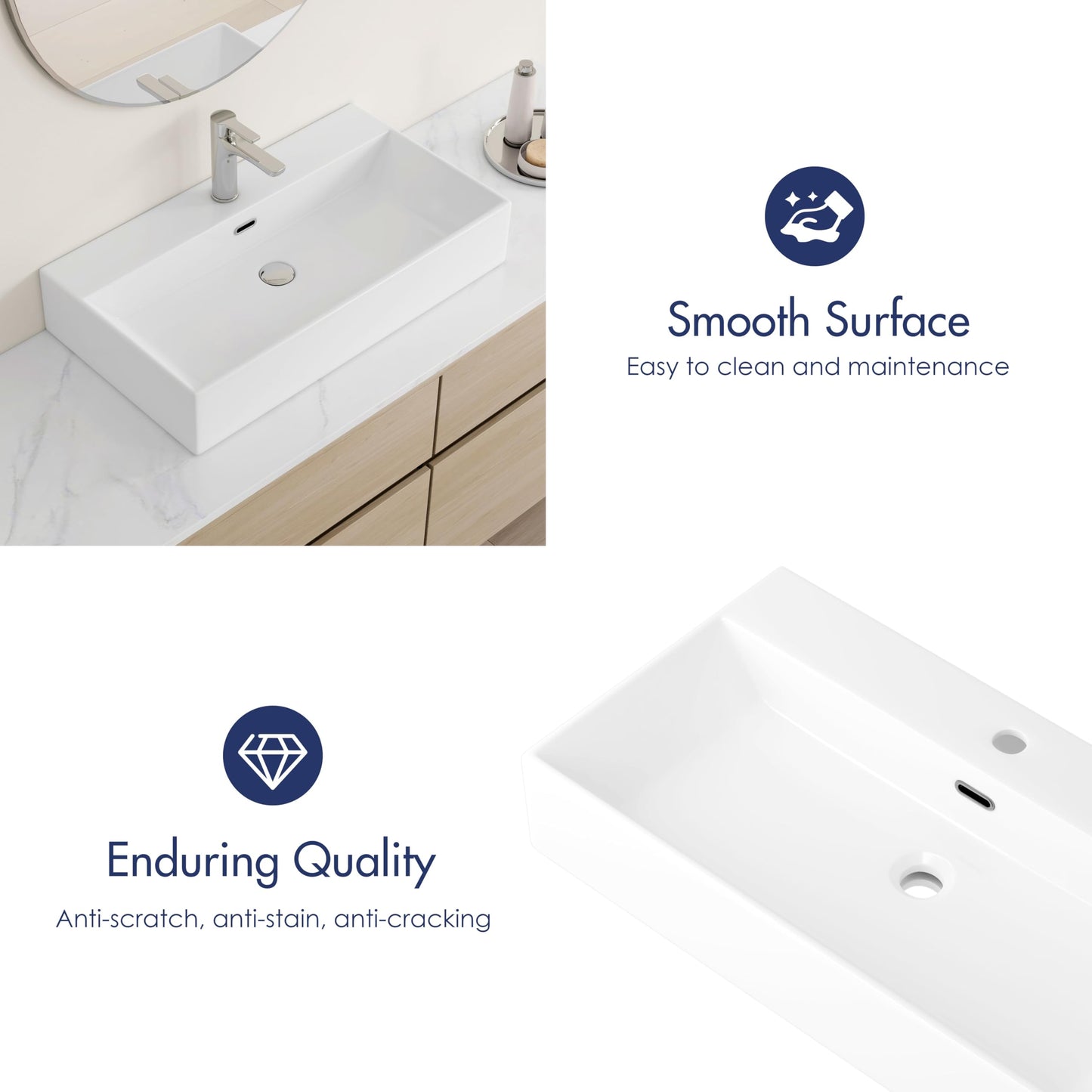 Eridanus Bathroom Sink 30" x 16" Rectangular Vessel Sink, Wall Mount Above Counter Vanity Sink, Premium Ceramic White Art Basin with Overflow, Lavatory Trough Floating Washbasin