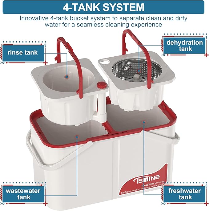 Spin Mop and Bucket,Mop Bucket with Separates Dirty and Clean Water,4-Chamber Mop and Bucket with Wringer Set for Home,Household Cleaning Tools with 6 Replacement Mop Heads,4X Wheel -White