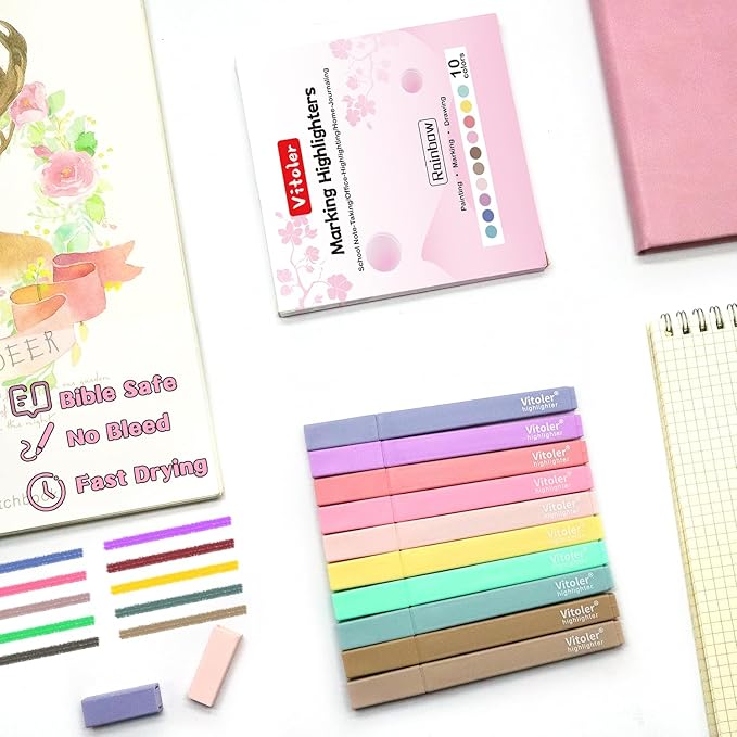 Vitoler 10 Pack Aesthetic Highlighters Soft Chisel Tip Bible Pastel Highlighters Cute Rainbow Color No Bleed Bible Highlighter,Great for Painting,Noting,Marking