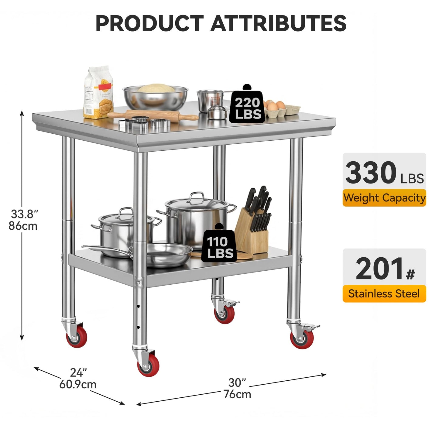 DWVO 30x24in Stainless Steel Table, NSF Metal Prep Worktable with Adjustable Shelf & Wheels for Kitchen Restaurant Hotel Garage Warehouse Home
