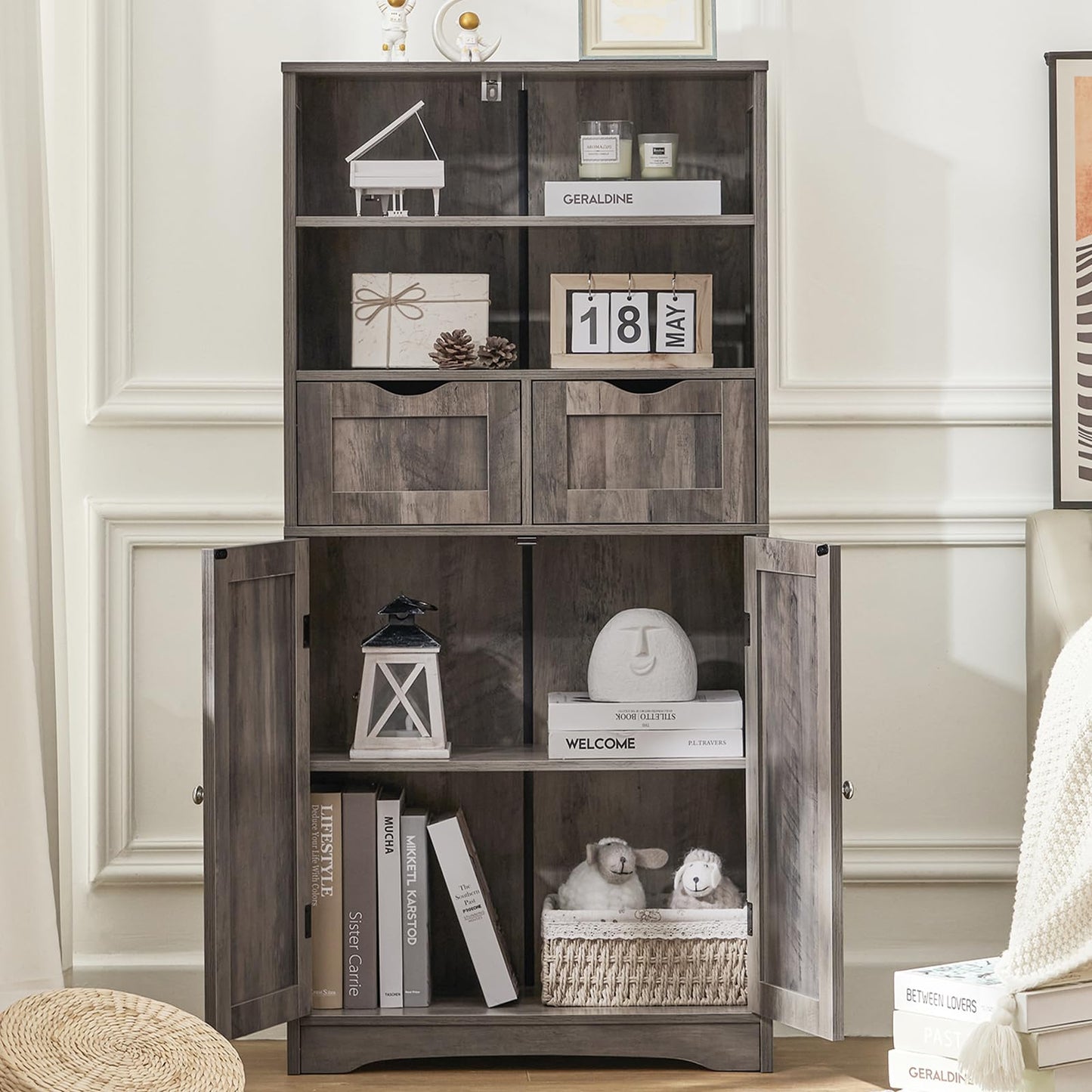 Iwell Tall Storage Cabinet with 2 Drawers & Adjustable Shelf, Bathroom Cabinet with Doors, Kitchen Pantry Storage Cabinets, Cupboard for Living Room, Dining Room, Entryway, Rustic Gray