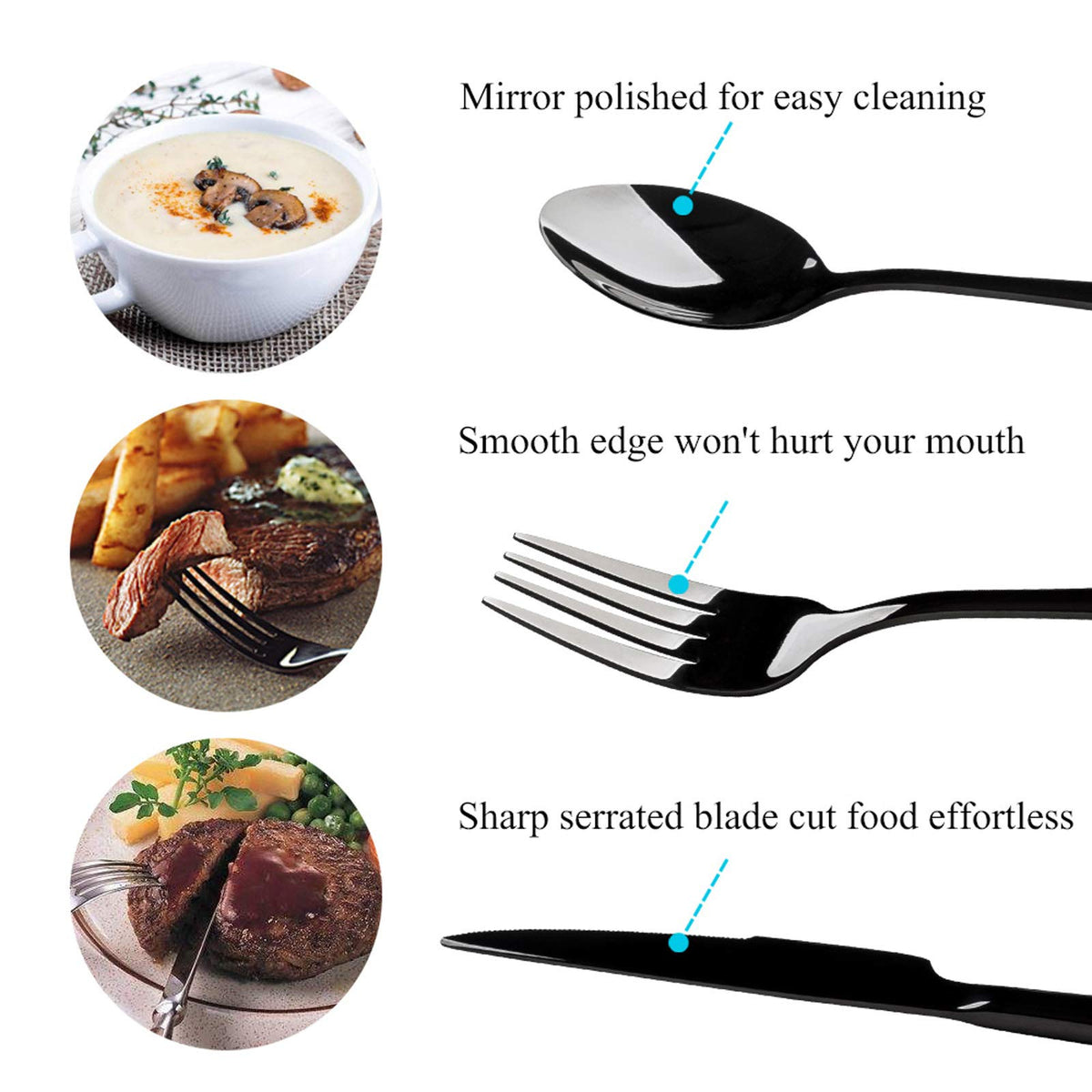 E-far Silverware Set, 20-Piece Black Stainless Steel Flatware Utensil Set, Include Knife/Spoon/Fork, Mirror Polished, Dishwasher Safe - Service for 4