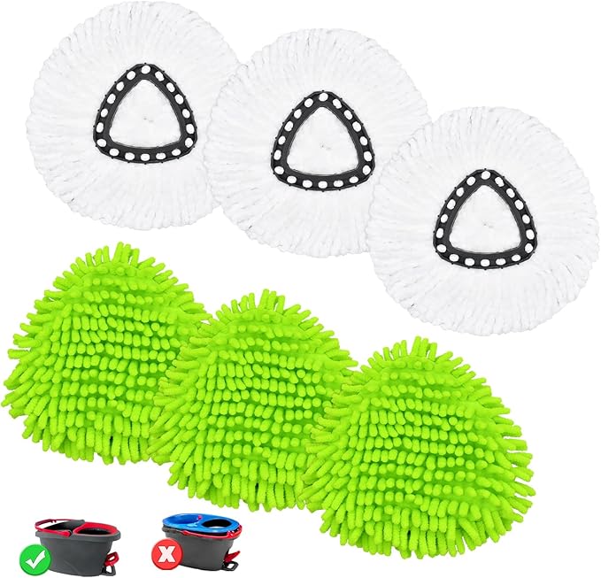 6PCS Mop Heads Replacements for OCedar,3 Microfiber+3 Chenille Spin Mop Refill Replace Head for O Cedar, Dry and Wet for Cleaning All Hard-surfaced Floors