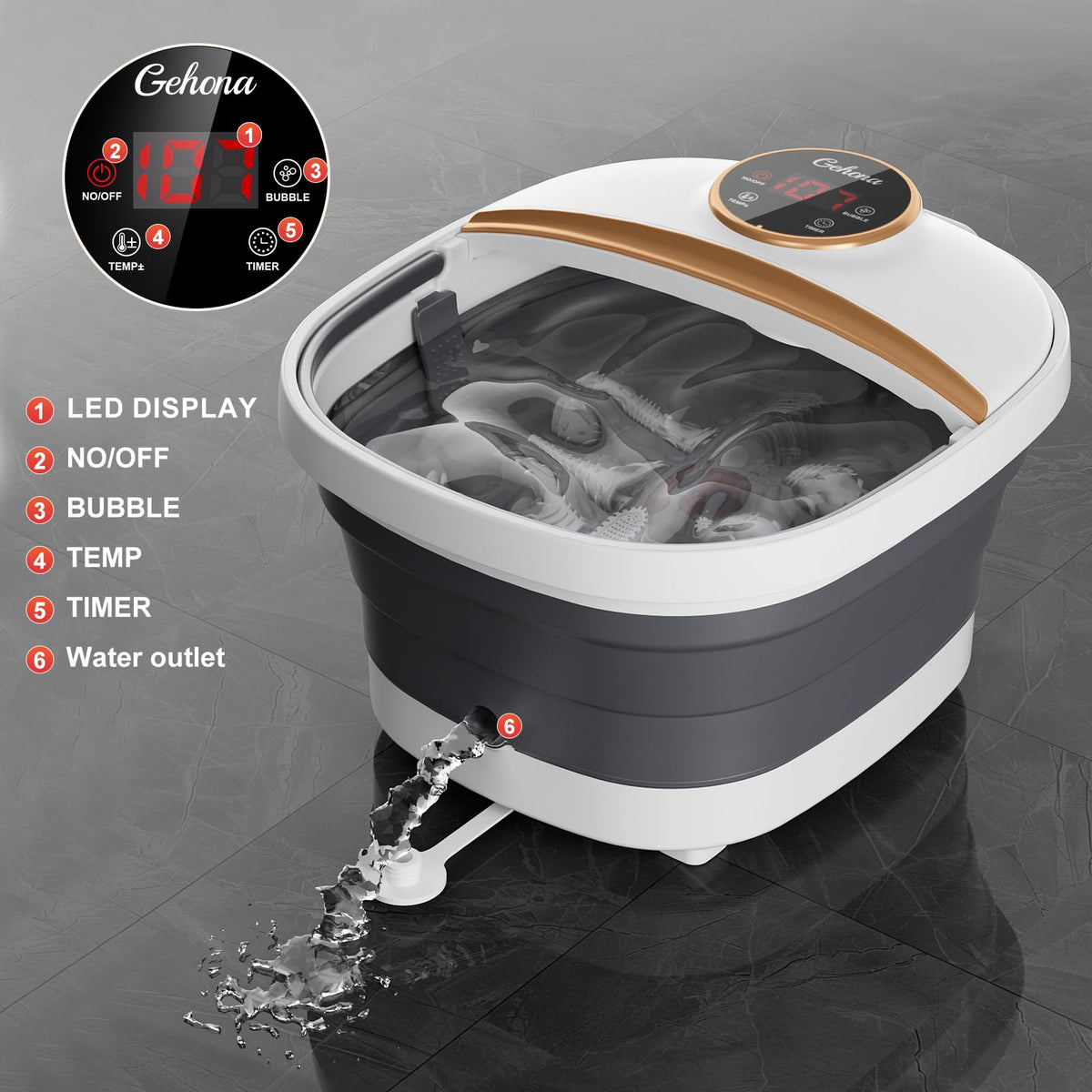 GEHONA Collapsible Foot Spa Bath with Heat,Foot Massager with Two Side Supports,Leakage Protector,Temperature Control,Bubbles,Red Light,Timer, Feet Spa Tub,Feet Soaker,Gifts (White)